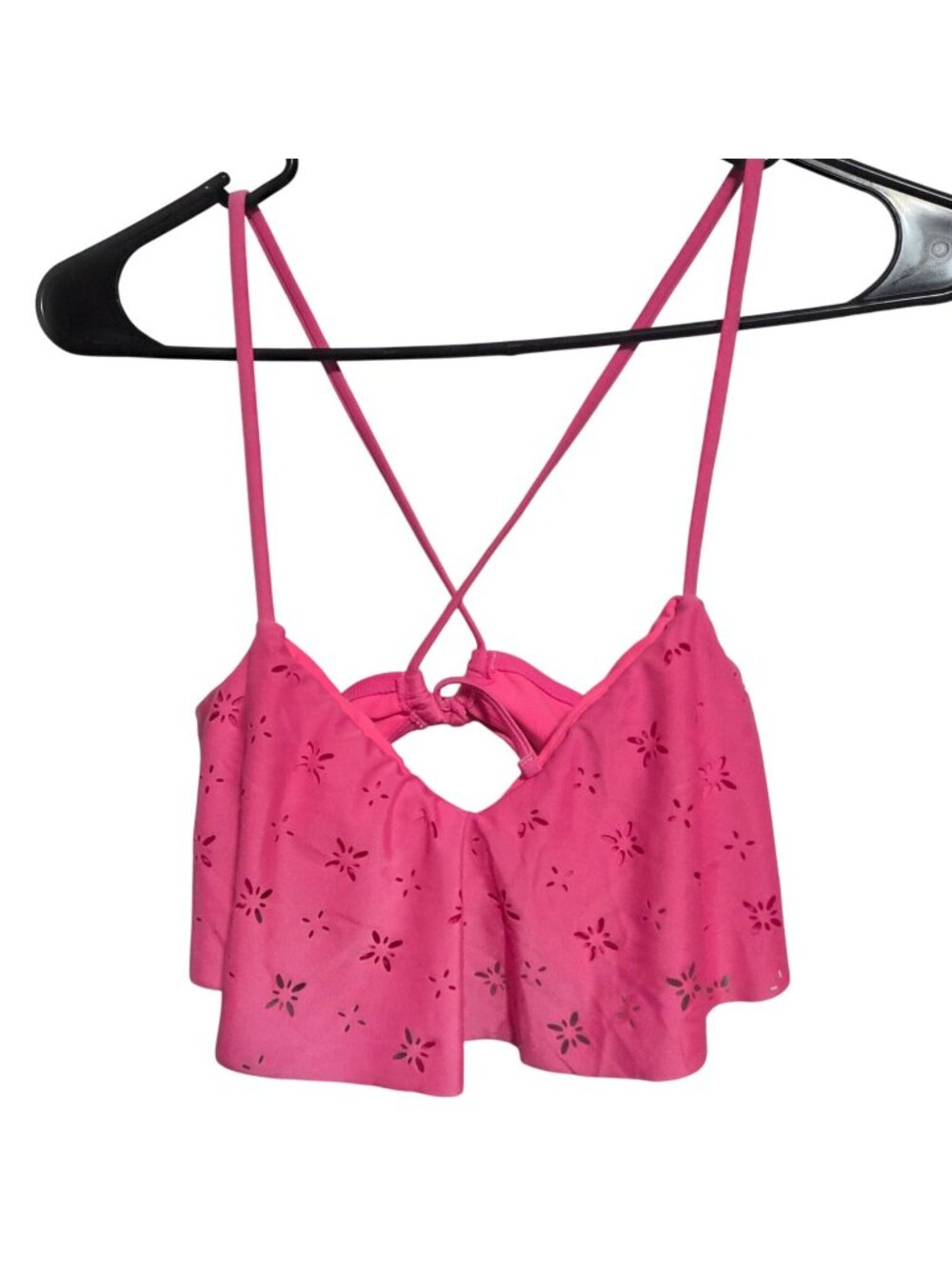 Arizona Jean Co Bikini Top Size Medium Pink Eyelet Ruffle Adjustable Straps Swim